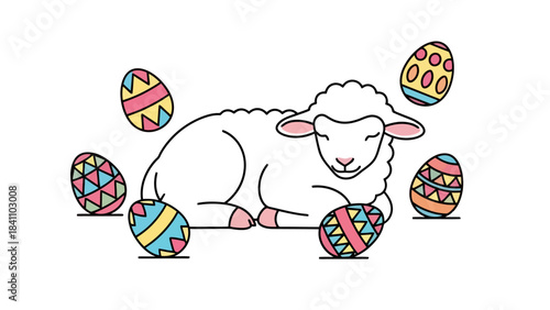 Cute Easter Lamb and Colorful Decorated Eggs Vector Illustration for Spring Holidays