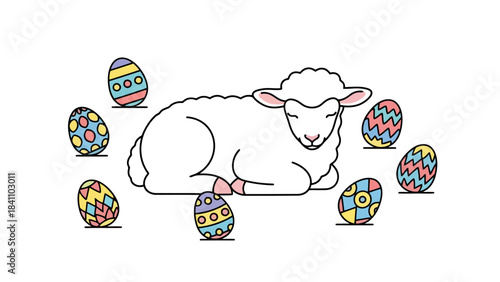 Cute Easter Lamb Resting Among Colorful Decorated Eggs, Vector Illustration