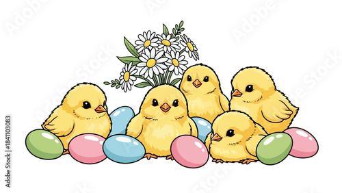 Adorable Easter Chicks Surrounded by Flowers and Colorful Eggs, Festive Illustration