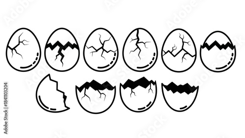 Collection of Cracked Egg Icons Showing Stages of Hatching, Shells, and Embryo Development