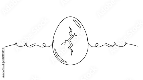 Minimalist continuous drawing of a cracked egg with wavy lines on white background