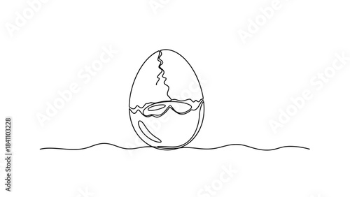 Single Drawing of a Cracked Egg with Yolk on a White Background