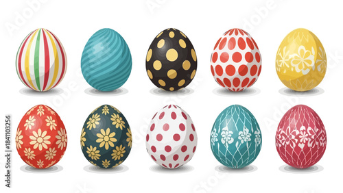 Set of ten colorful decorative Easter eggs with unique patterns and designs