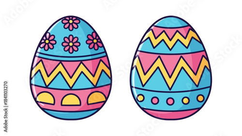 Two Colorful Decorated Easter Eggs with Traditional Patterns on White Background