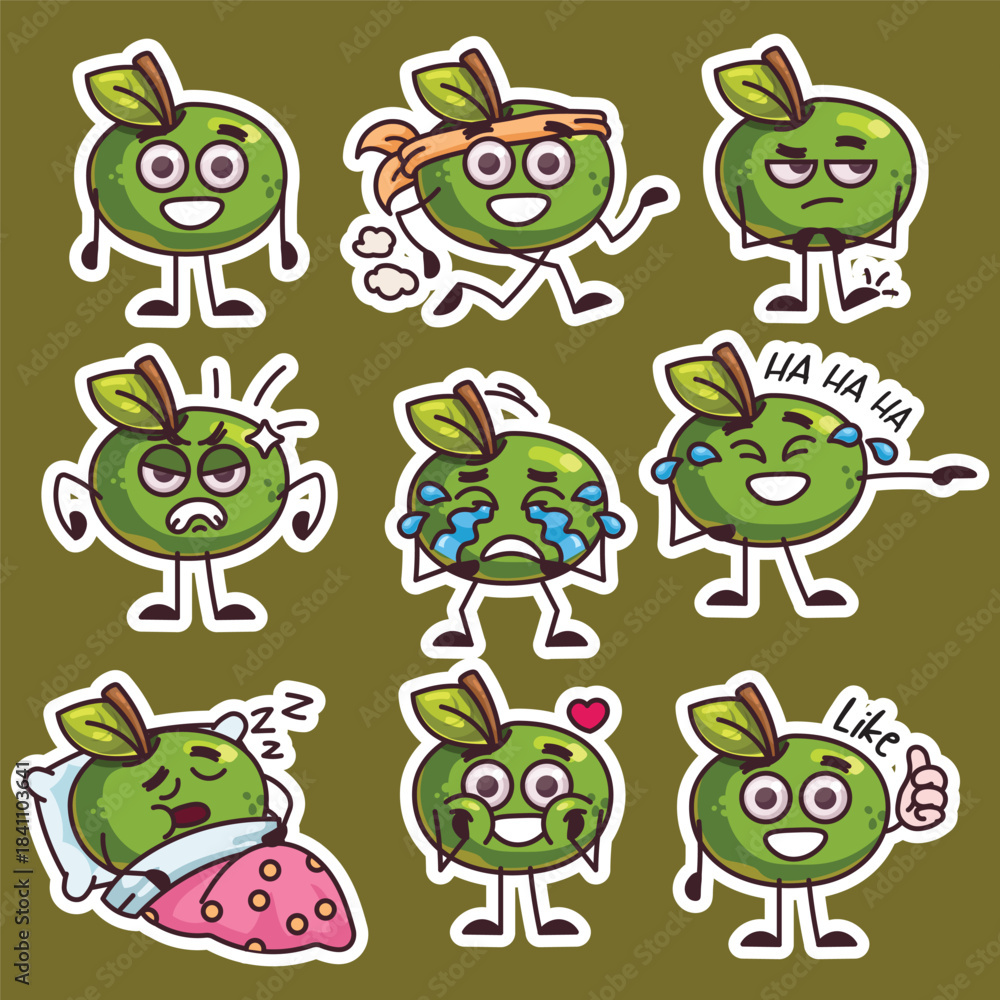 Obraz premium Cute Green Apple Character Emoji Sticker Set Collection