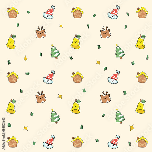 Seamless Christmas decorative patterns, wallpapers, backgrounds, snowman designs, winter themes, Christmas trees and seasonal elements, gift wrapping paper, vectors.