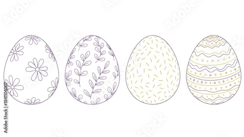 Four Decorated Easter Eggs with Unique Patterns and Designs on White Background