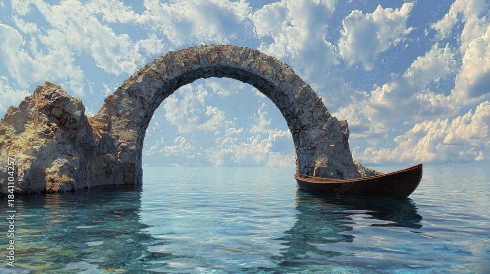 Fototapeta premium Stone Archway Over Water with Boat and Cloudy Sky.