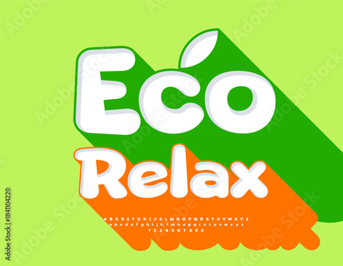 Vector Recreational sign Eco Relax. Bright Font with Big Shadow.  Rounded 3D Alphabet Letters and Numbers set. 
