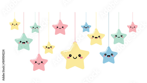Starry Delight: A cheerful arrangement of pastel-colored stars, each with a happy face, strung against a delicate backdrop, radiating joy and whimsy. 