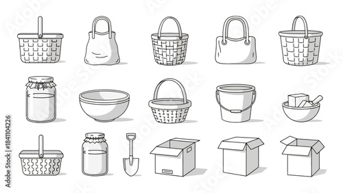 Assorted Art Containers: Baskets, Bags, Jars, Buckets, Boxes, and Bowls Vector