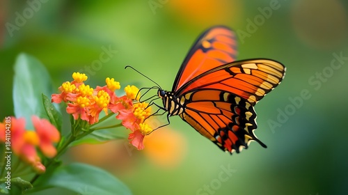 Fototapeta Naklejka Na Ścianę i Meble -  A beautiful orange Monarch butterfly with colorful wings rests on a yellow flower in a summer garden meadow