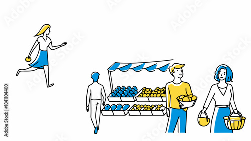 Illustration of people at a fruit stand with a woman running towards the market and other customers around 100