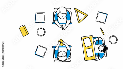 Overhead view of three people seated at desks with various objects in a bright and clean workspace