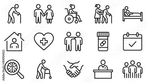 Elderly Care Icon Set: Black-and-White Line Symbols for Medical Assistance, Companionship, Home Support, and Cognitive Health in Healthcare UI and Caregiving Visual Storytelling