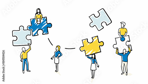 Illustration of people collaborating with puzzle pieces to solve a problem and build a solution together