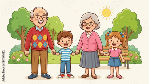 Grandparents and Children in Park: Cartoon Family Scene with Trees, Bench, and Sunshine for Intergenerational Bonding UI and Outdoor Leisure Visual Storytelling