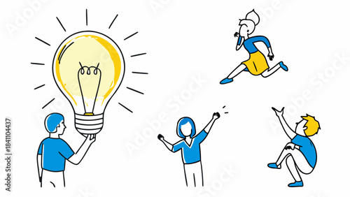 People celebrating a bright idea with a light bulb held by a person and others cheering around it