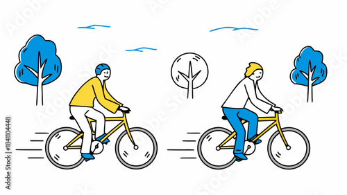 Two cyclists riding bicycles with trees and clouds in the background in a cartoon illustration style
