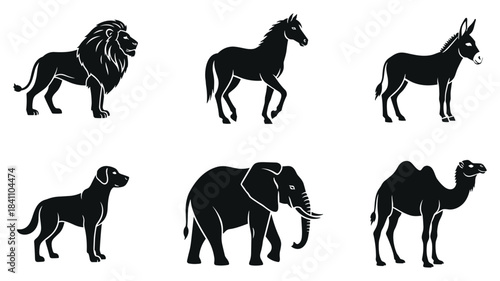Animal silhouette icon set featuring lion, horse, donkey, dog, elephant, and camel, black and white illustration