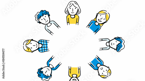Illustration showing a circle of eight people with different hair and clothing styles looking inward