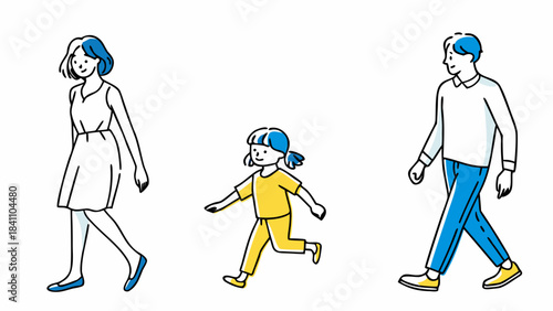 Illustration showing a family of three walking together with a mother daughter and father figure present