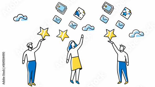 People reaching for stars with documents and clouds floating above in a stylized illustration
