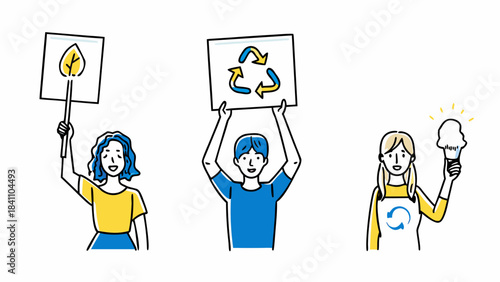 Three people holding signs advocating for environmental awareness and sustainable practices shown here