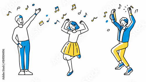 Three people dancing with musical notes and confetti falling around them in a joyful celebration scene