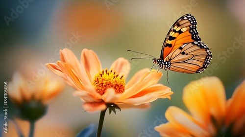Fototapeta Naklejka Na Ścianę i Meble -  A beautiful orange Monarch butterfly with colorful wings rests on a yellow flower in a summer garden meadow