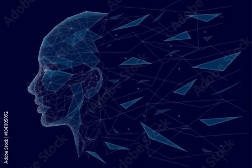 Abstract side profile. AI assistant or artificial intelligence agent concept. Low-poly wireframe head of humanoid robot in futuristic technology style. Blue hi-tech background. Digital avatar.