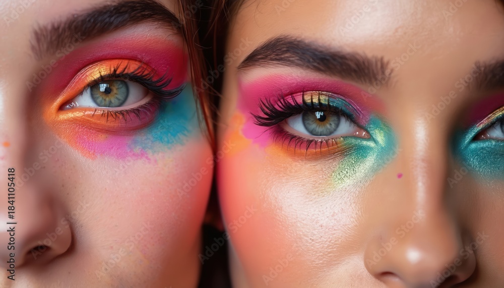 Fototapeta premium Two women eyes are adorned with vibrant, colorful eye makeup. Shades of pink, orange, yellow, and turquoise are applied in bold, artistic patterns. False lashes enhance dramatic look of eye makeup.
