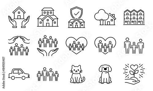 Family line vector icon pack featuring homes, households, parents, children, pets, cars, and care symbols. Perfect for apps, websites, parenting, insurance, lifestyle, and family-oriented projects.