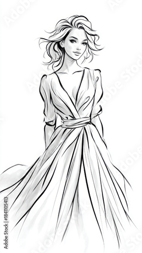 Fashion illustration of an elegant woman in a flowing dress, exuding confidence and style, with dynamic lines and a minimalist white background for modern design use.