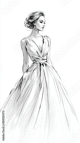 A graceful, serene woman in a detailed, flowing gown is captured in a black and white fashion illustration, perfect for modern bridal, editorial, or design projects.