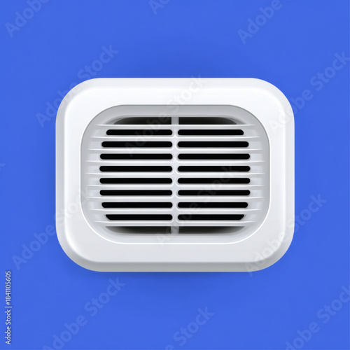 A clean, white modern air vent with sleek lines is centered against a bold blue background, ideal for illustrating ventilation, air quality, or interior climate control concepts.
