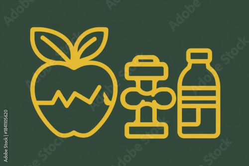 Simple yellow line icons of an apple, dumbbell, and water bottle symbolize healthy living and fitness on a modern green backdrop, perfect for wellness campaigns.