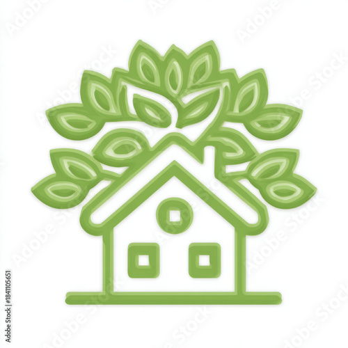 Minimalist green line art of a house with leaves symbolizes eco-friendly living and sustainable home concepts, perfect for environmental campaigns or green building promotions.