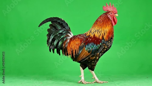 A colorful rooster with a red comb and brown feathers standing on a farm, a classic domestic poultry animal