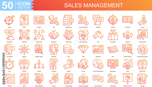 SALES MANAGEMENT icon collection set. Containing Target, Quota, Prospect, sales, Management icon