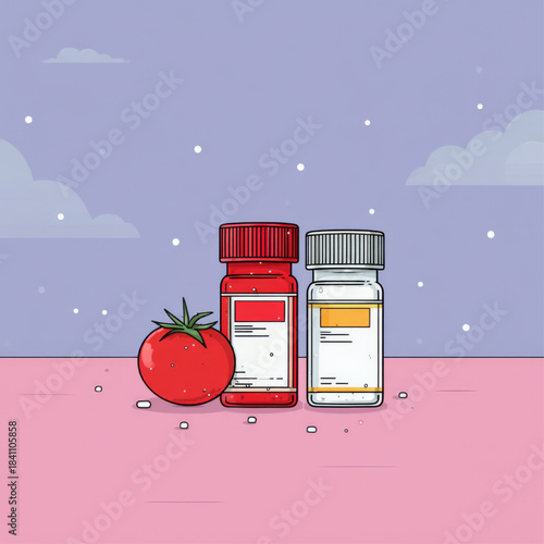 Playful illustration of two prescription bottles and a tomato on a pink table against a whimsical purple sky, perfect for articles on medicine, nutrition, or healthy living concepts.