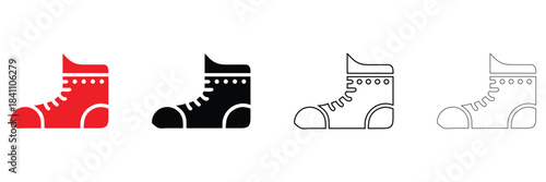 Christmas shoe icon vector set, shoe with lace vector silhouette and line art