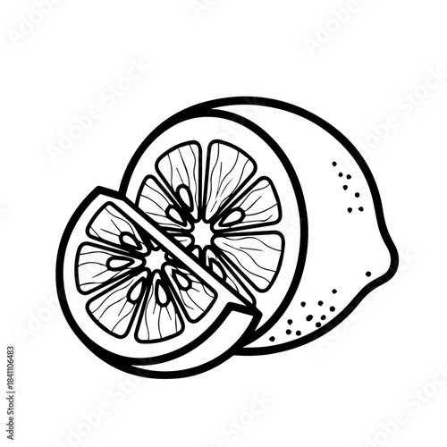 Fresh Citrus Delight: A captivating black and white depiction of a juicy lemon, half sliced, revealing its intricate interior, with a single slice elegantly placed beside it.