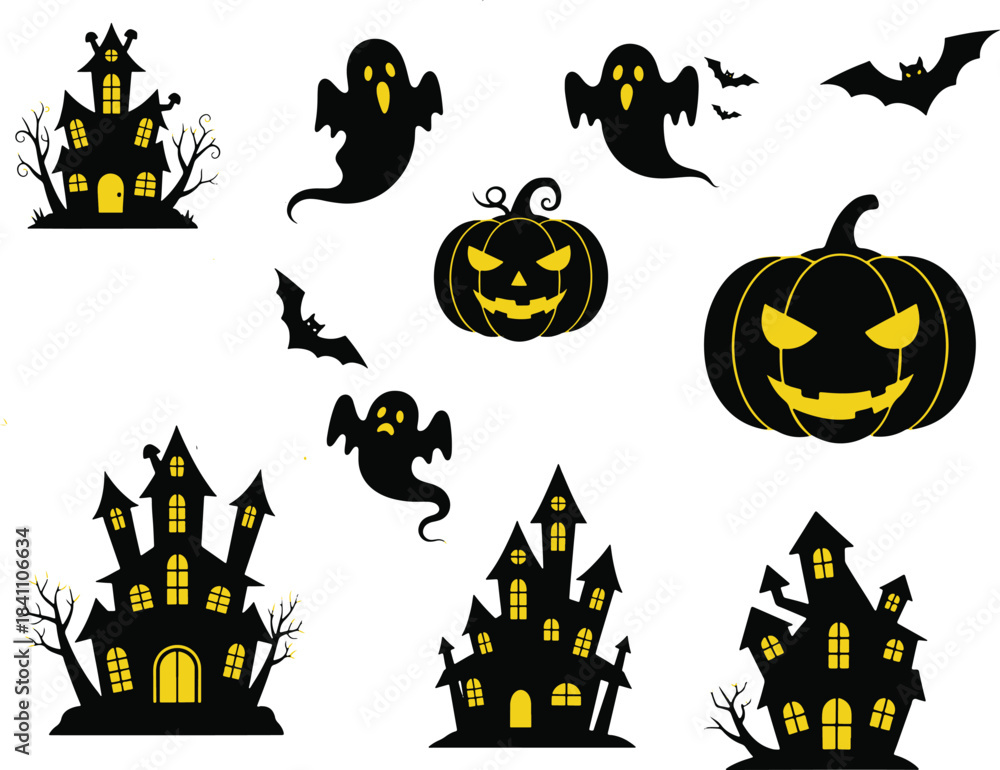Fototapeta premium Halloween Set with Scary Pumpkin Silhouettes
