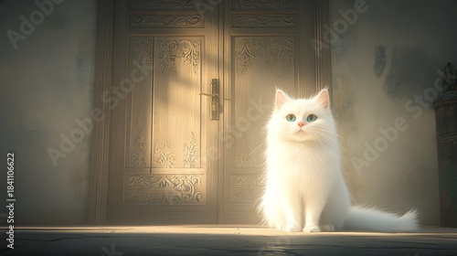A pretty white cat in front of a nice wood door. 
