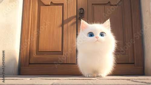 A pretty white cat in front of a nice wood door.