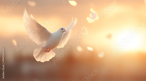 White dove flying at golden sunset with copy space for text/image. 