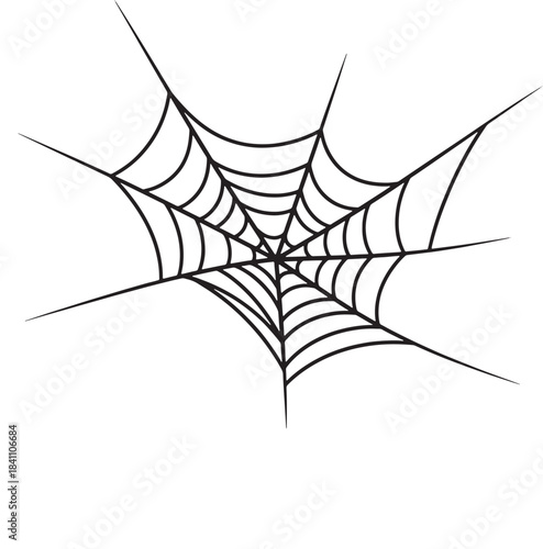 White outlined spider hanging from its intricate web in the corner, set against a stark black background