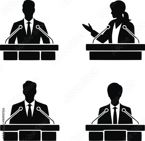 Public Speaking Silhouette Icons Presenters and Orators at Podiums