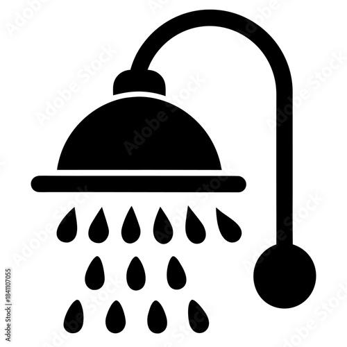 A minimalist black icon depicting a shower head with water droplets falling. Represents bathing and hygiene.